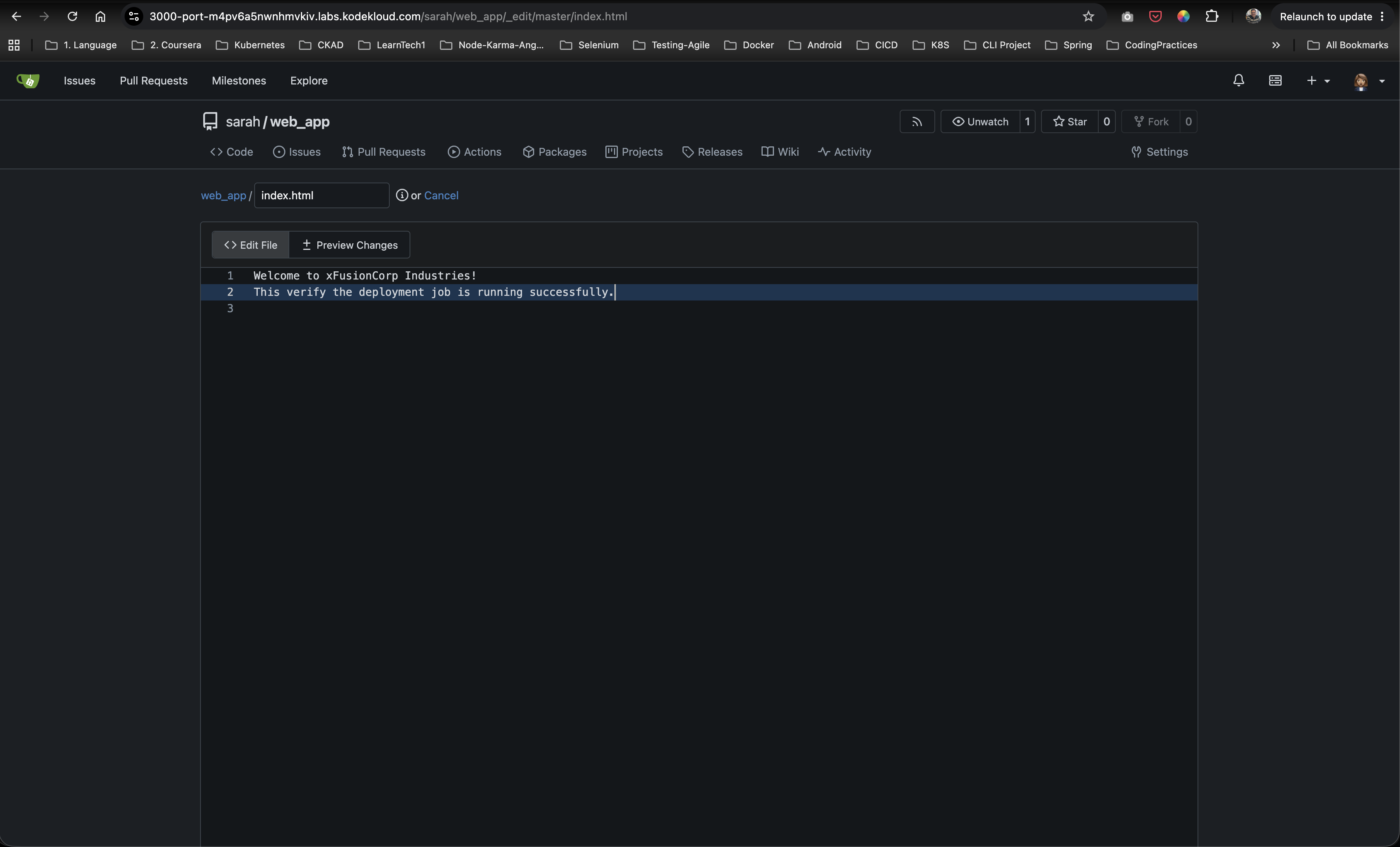 Editing index.html in Gitea