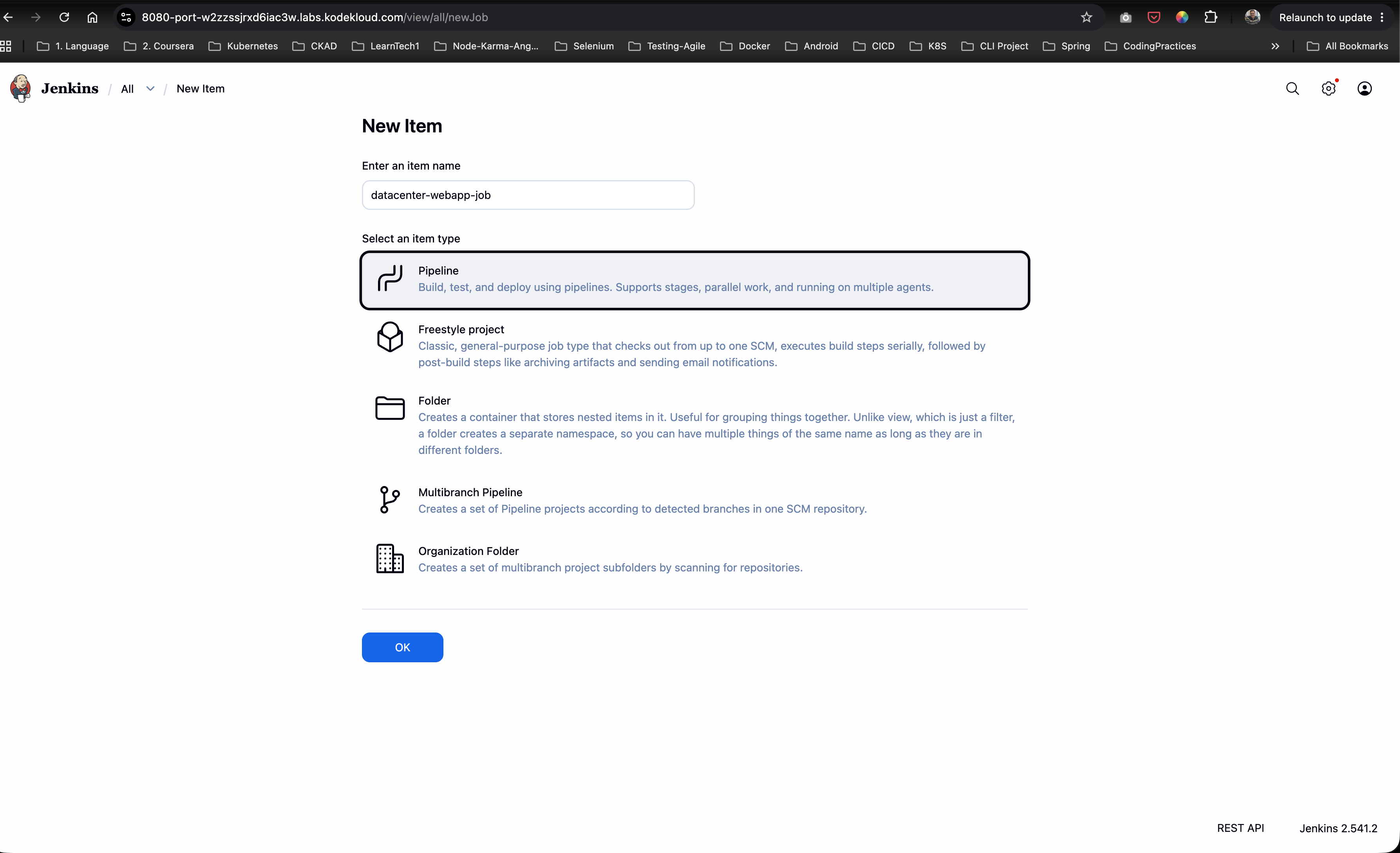 Create New Pipeline Item